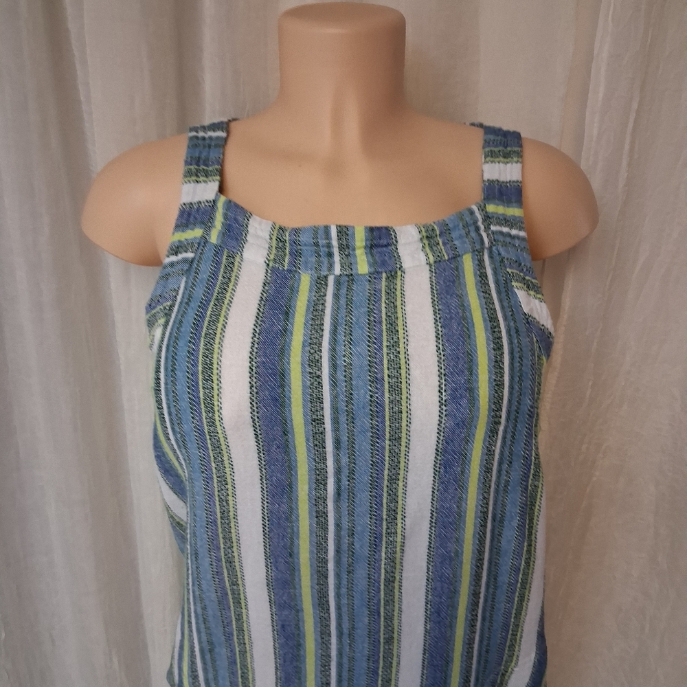 For Cynthia Blue and Green Striped Mini Dress Women Sz XS 55%Lino 48% Viscose - Picture 12 of 16